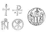 Left: Early crosses and monograms of Christ from the Catacombs at Rome. Right: Labarum of Constantine with Chi-Rho.